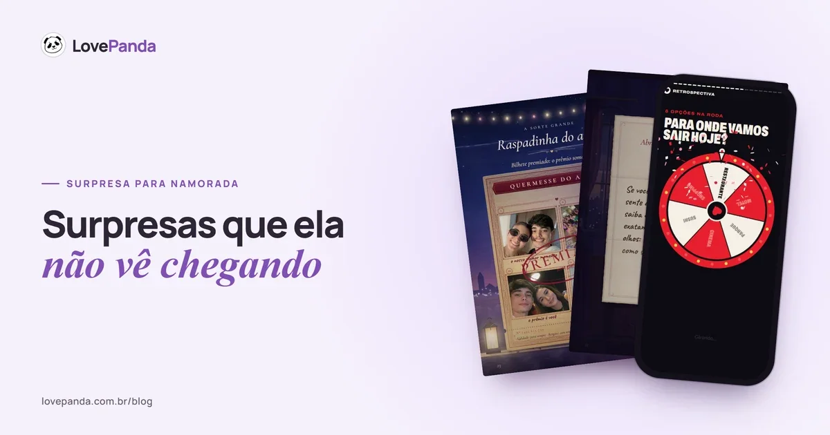 Capa “Surpresas que ela não vê chegando” com páginas reais do Álbum do Casal — a raspadinha do amor e o arquivo de cartas Abra quando… — e o celular com a roleta de encontros da Retrospectiva do Casal