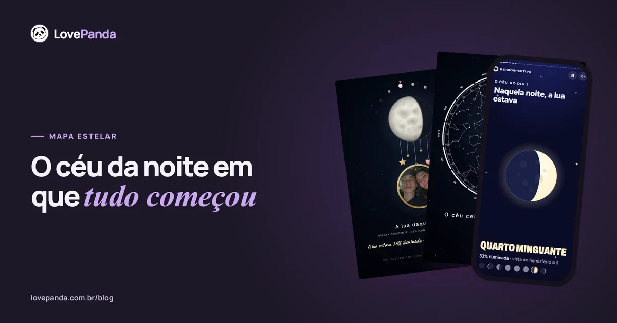 Mapa estelar personalizado no celular: o céu real da noite em que o casal começou, com constelações ligadas, a frase do casal, o lugar e a data