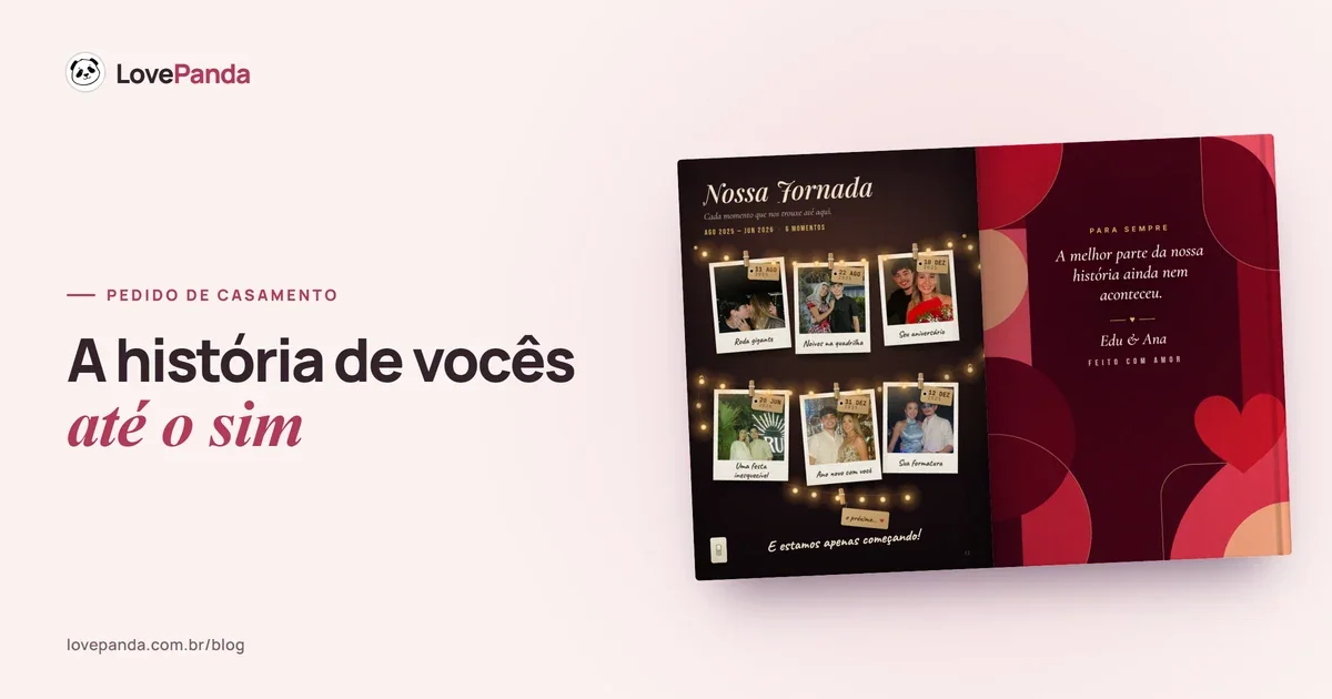 Álbum do Casal aberto na página da jornada, um varal de luzinhas com as fotos dos momentos do casal, ao lado da última página do livro