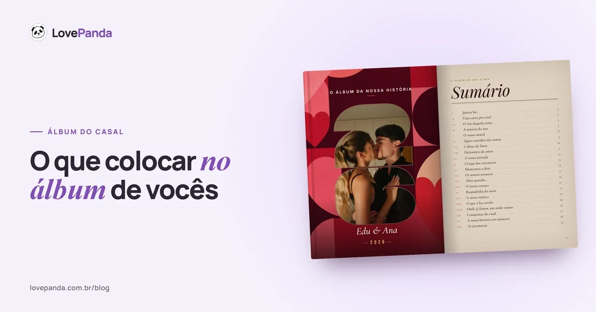 Álbum do Casal aberto em duas páginas reais: a capa com a foto do casal nos números do ano e o sumário com os capítulos