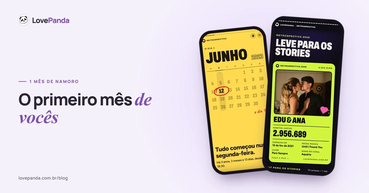 Dois celulares com a Retrospectiva do Casal: o dia 1 do namoro circulado no calendário e o resumo de vocês para os stories
