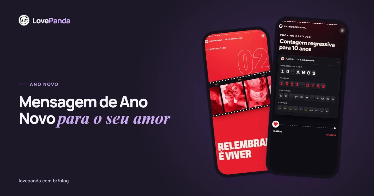 Celular com a Retrospectiva do Casal aberta na linha do tempo do ano, ao lado de duas taças e fogos de artifício desfocados ao fundo