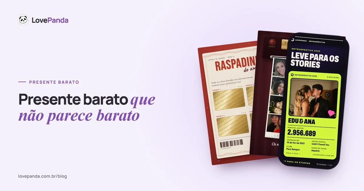 Páginas soltas do Álbum do Casal com a raspadinha e as tiras da cabine de fotos, ao lado de um celular com o resumo da Retrospectiva do Casal