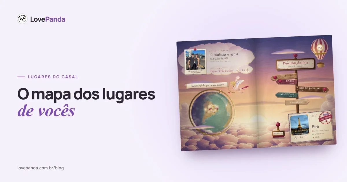 Capítulo “nossos lugares” da Retrospectiva do Casal no celular: um aviãozinho percorre a rota tracejada entre os lugares do casal, com uma polaroide em cada parada