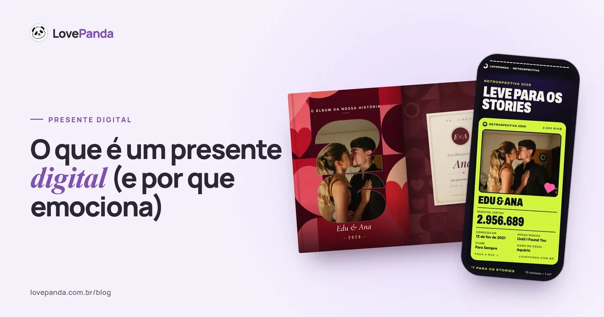 Capa “O que é um presente digital” com o Álbum do Casal aberto na capa com a foto do casal recortada nos números do ano e no ex-libris, ao lado do celular com o resumo para os stories da Retrospectiva do Casal