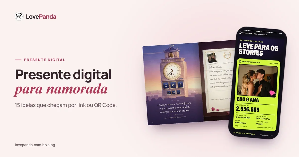 Álbum do Casal aberto na carta que a pomba-correio entrega pela janela, ao lado de um celular com a Retrospectiva do Casal