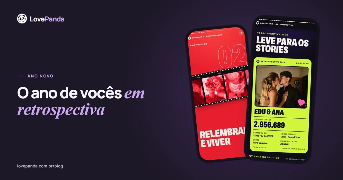 Dois celulares com a Retrospectiva do Casal num fundo noturno: a linha do tempo com os momentos do casal e o resumo do ano para os stories