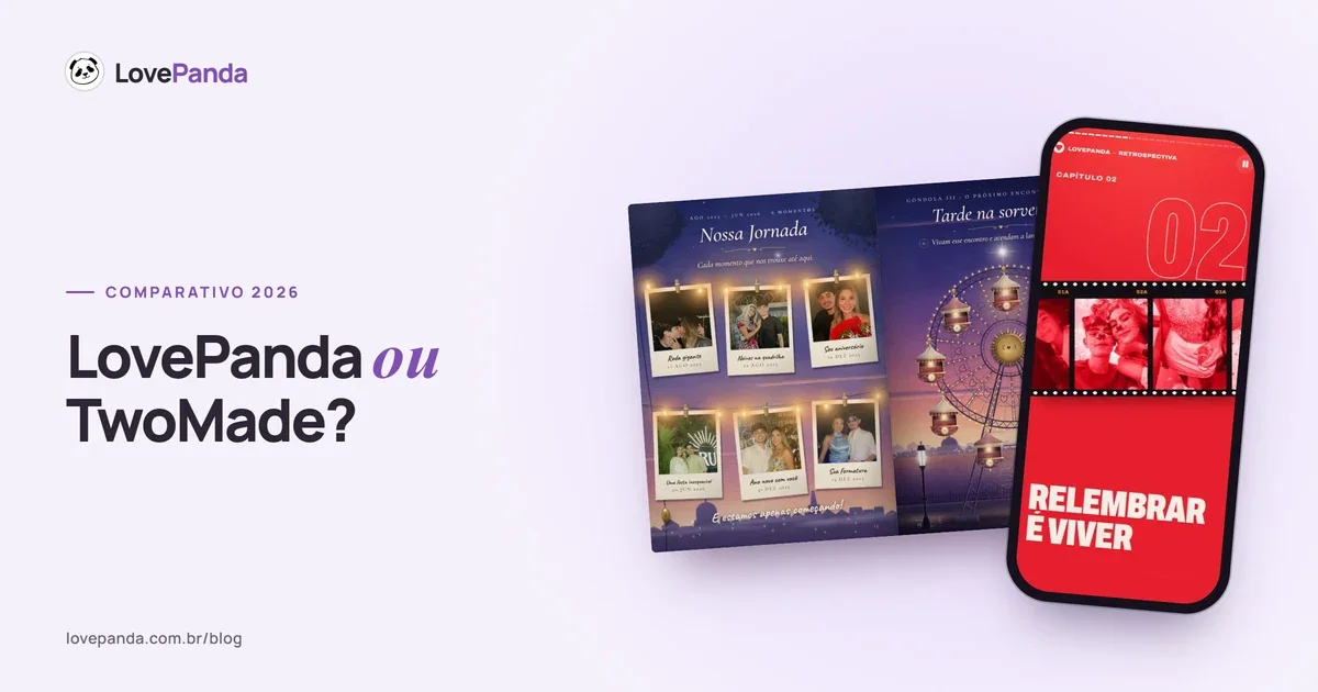 Comparativo TwoMade ou LovePanda com telas reais da Retrospectiva do Casal e do Álbum do Casal no celular