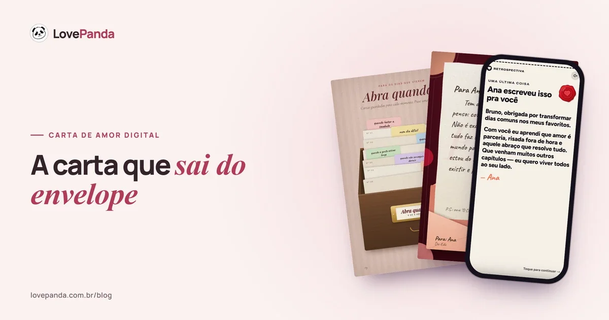 Páginas reais do Álbum do Casal com as cartas “abra quando…” e a carta no envelope, ao lado de um celular com a carta com lacre da Retrospectiva do Casal