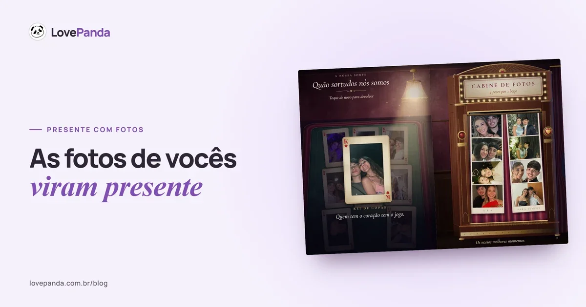Páginas do Álbum do Casal com as fotos do casal num baralho antigo e nas tiras de uma cabine de fotos