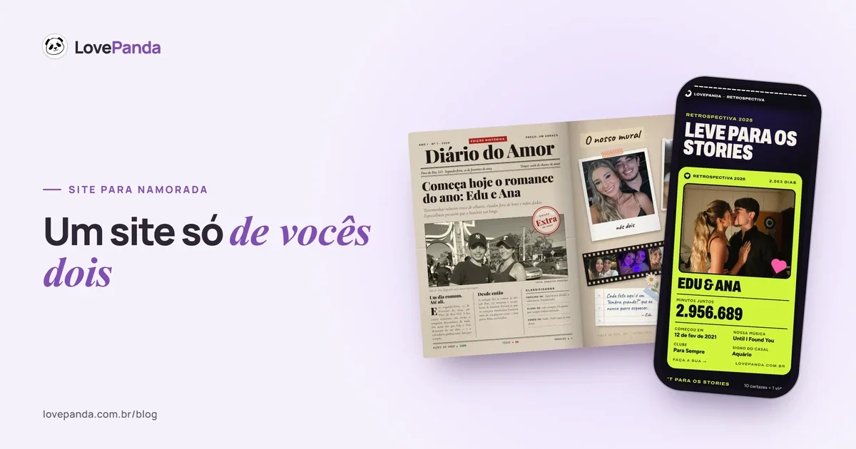 Capa “Um site só de vocês dois” com o Álbum do Casal aberto nas páginas do jornal Diário do Amor e do mural de polaroides, ao lado do celular com o resumo para os stories da Retrospectiva do Casal