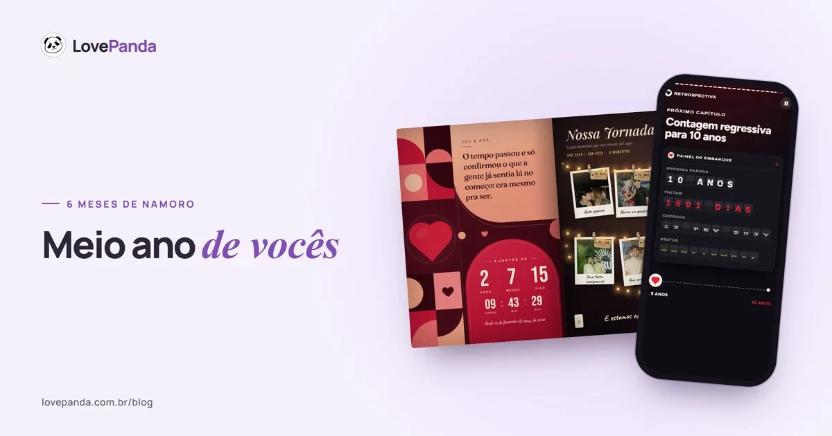 Álbum do Casal aberto nas páginas do tempo juntos e da jornada com as fotos do casal, ao lado de um celular com o painel de embarque do próximo marco do namoro