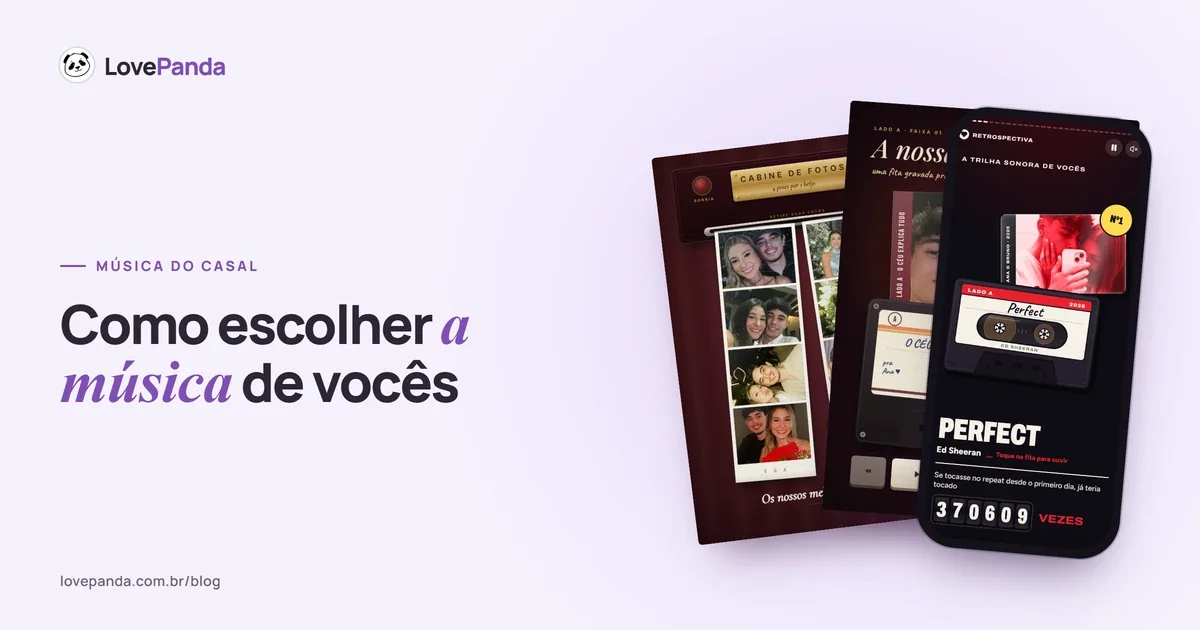 Páginas do Álbum do Casal com a cabine de fotos e a música de vocês numa fita cassete, ao lado de um celular com a tela da música da Retrospectiva do Casal
