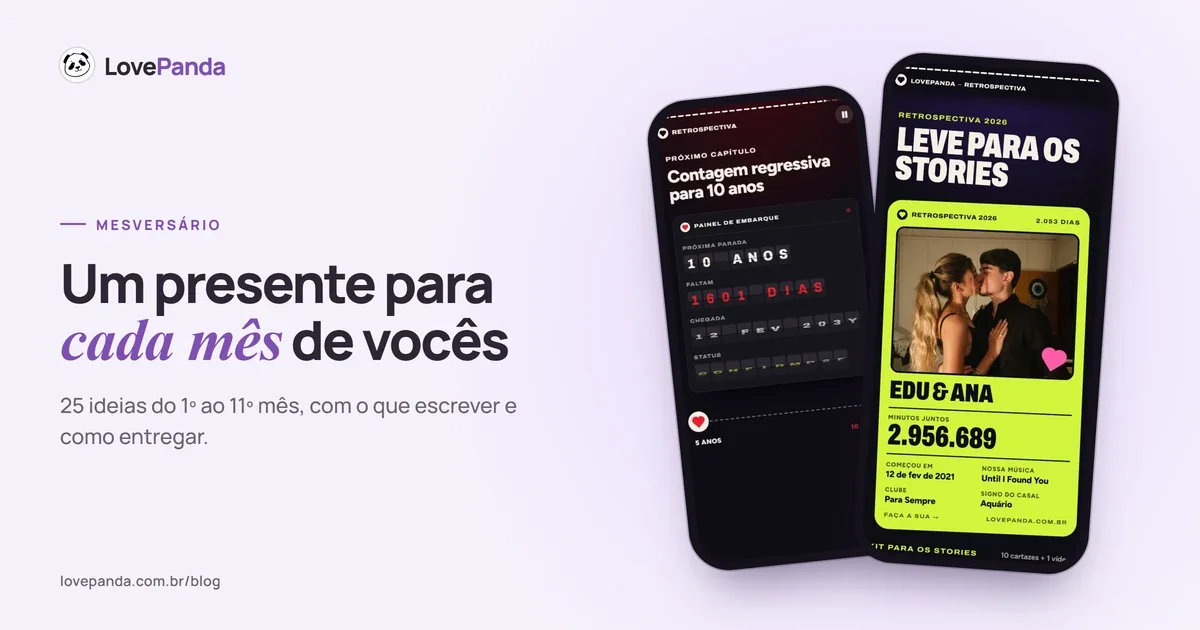 Dois celulares com a Retrospectiva do Casal: o painel de embarque contando os dias até o próximo marco do namoro e o resumo de vocês para os stories