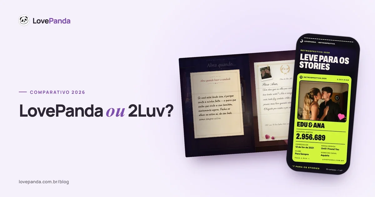 Comparativo 2Luv ou LovePanda com a carta no envelope do Álbum do Casal e a Retrospectiva do Casal no celular