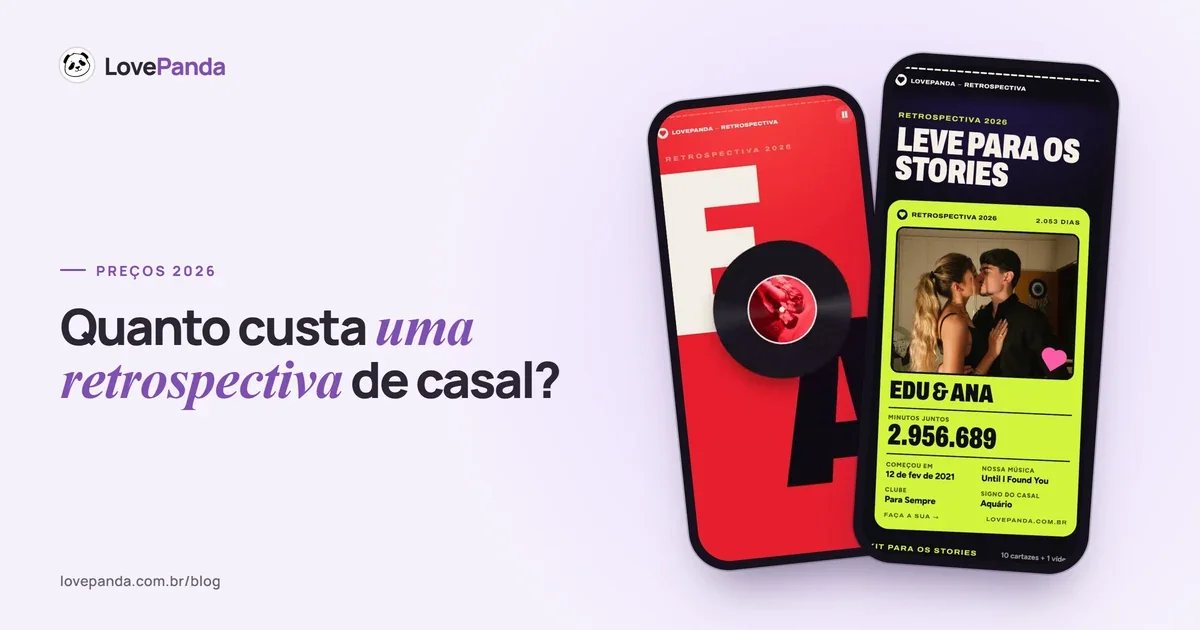 Capa “Quanto custa uma retrospectiva de casal?” com duas telas reais da Retrospectiva do Casal no celular: a abertura com o disco girando e o resumo para os stories com a foto e os minutos juntos do casal