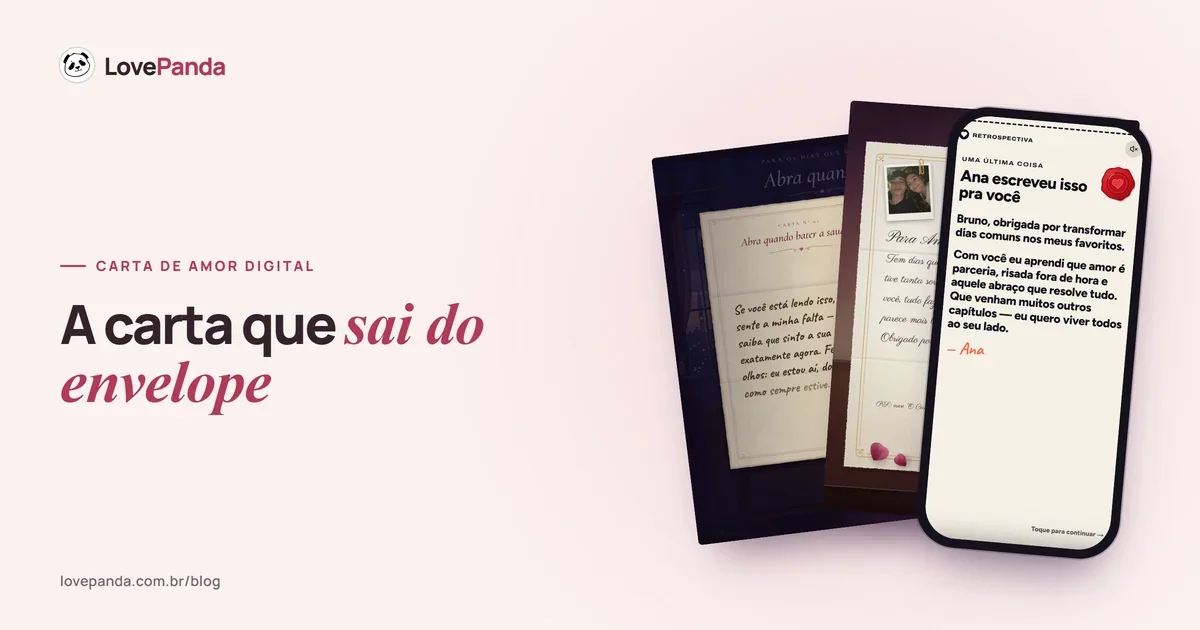 Páginas reais do Álbum do Casal com as cartas “abra quando…” e a carta no envelope, ao lado de um celular com a carta com lacre da Retrospectiva do Casal