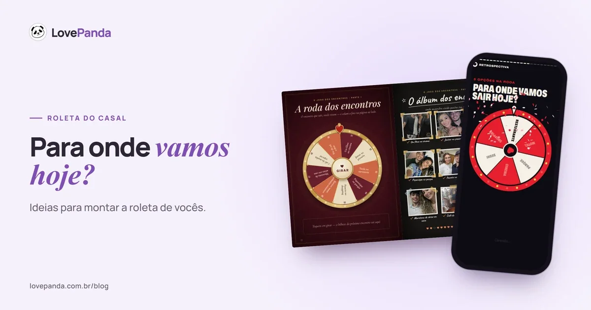 Capa “Para onde vamos hoje?” com o Álbum do Casal aberto nas páginas da roda dos encontros e do álbum dos encontros, ao lado do celular com a roleta de encontros da Retrospectiva do Casal