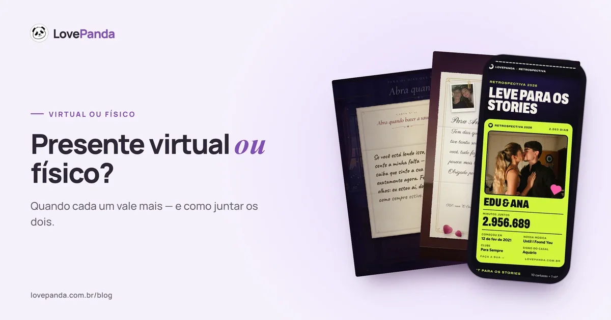 Capa “Presente virtual ou físico?” com páginas reais do Álbum do Casal — o arquivo de cartas Abra quando… e a carta escrita à mão para Ana — ao lado do celular com o resumo para os stories da Retrospectiva do Casal