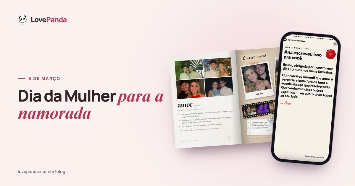 Álbum do Casal aberto no celular na linha do tempo com as conquistas dela, ao lado de um livro e de um cartão escrito à mão