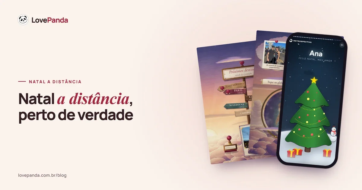 Páginas do Álbum do Casal com o globo dos lugares e a placa dos próximos destinos, ao lado de um celular com o capítulo de Natal da Retrospectiva e presentes ao pé da árvore