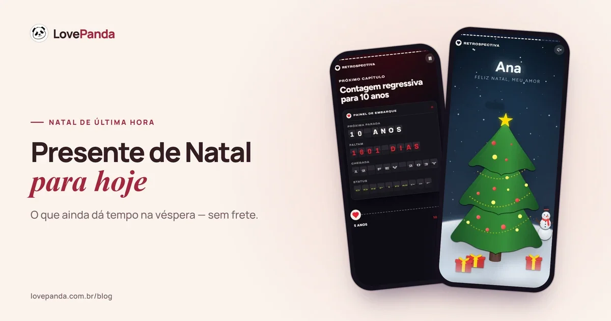 Dois celulares com a Retrospectiva do Casal: o painel de embarque do próximo marco do casal e o capítulo de Natal, com presentes ao pé da árvore