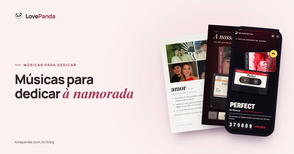 Páginas do Álbum do Casal com o dicionário do amor e a música do casal numa fita cassete, ao lado de um celular com a tela da música da Retrospectiva do Casal