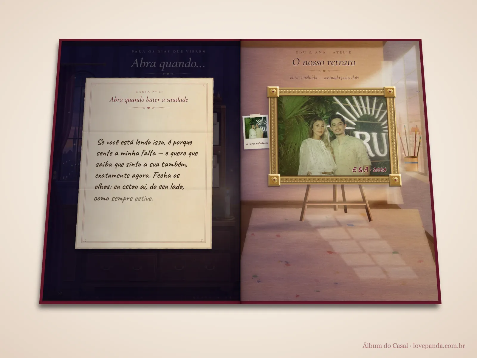 Scrapbook digital do casal aberto em 3D na escrivaninha com cartas abra quando lacradas e no ateliê do retrato