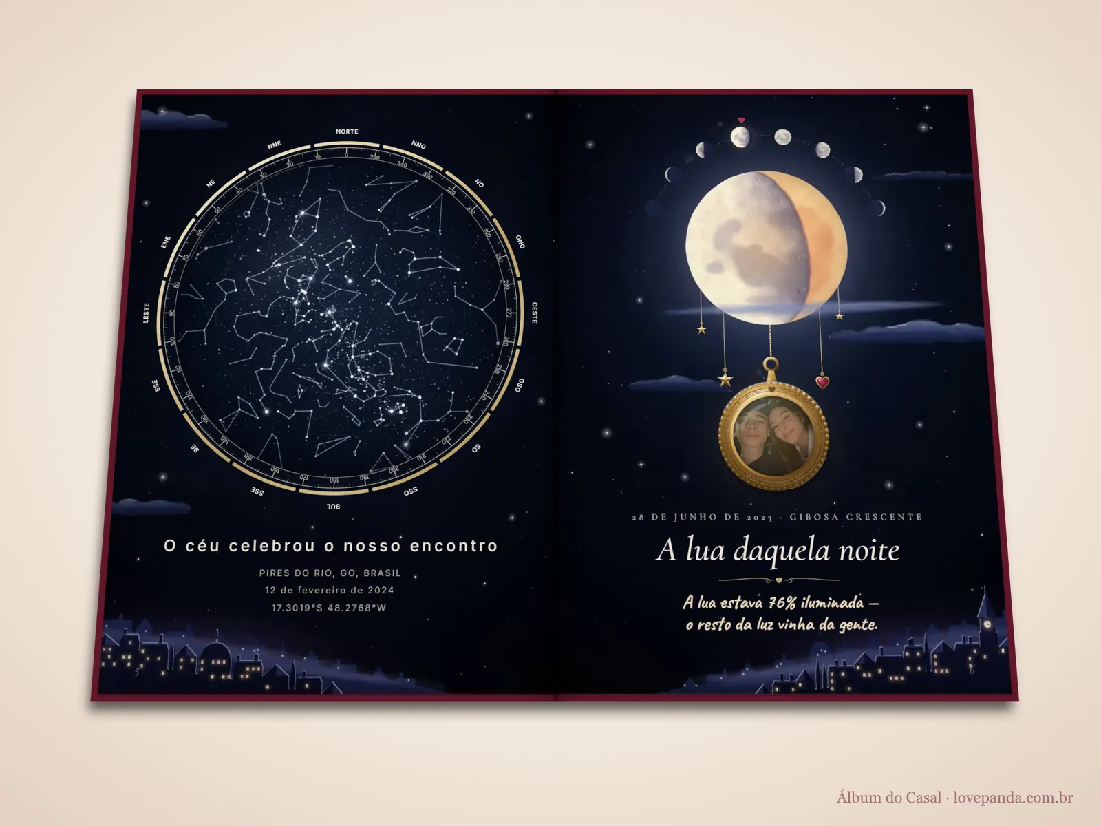 Livro da história do casal aberto em 3D no mapa das estrelas e na lua da noite em que o casal começou