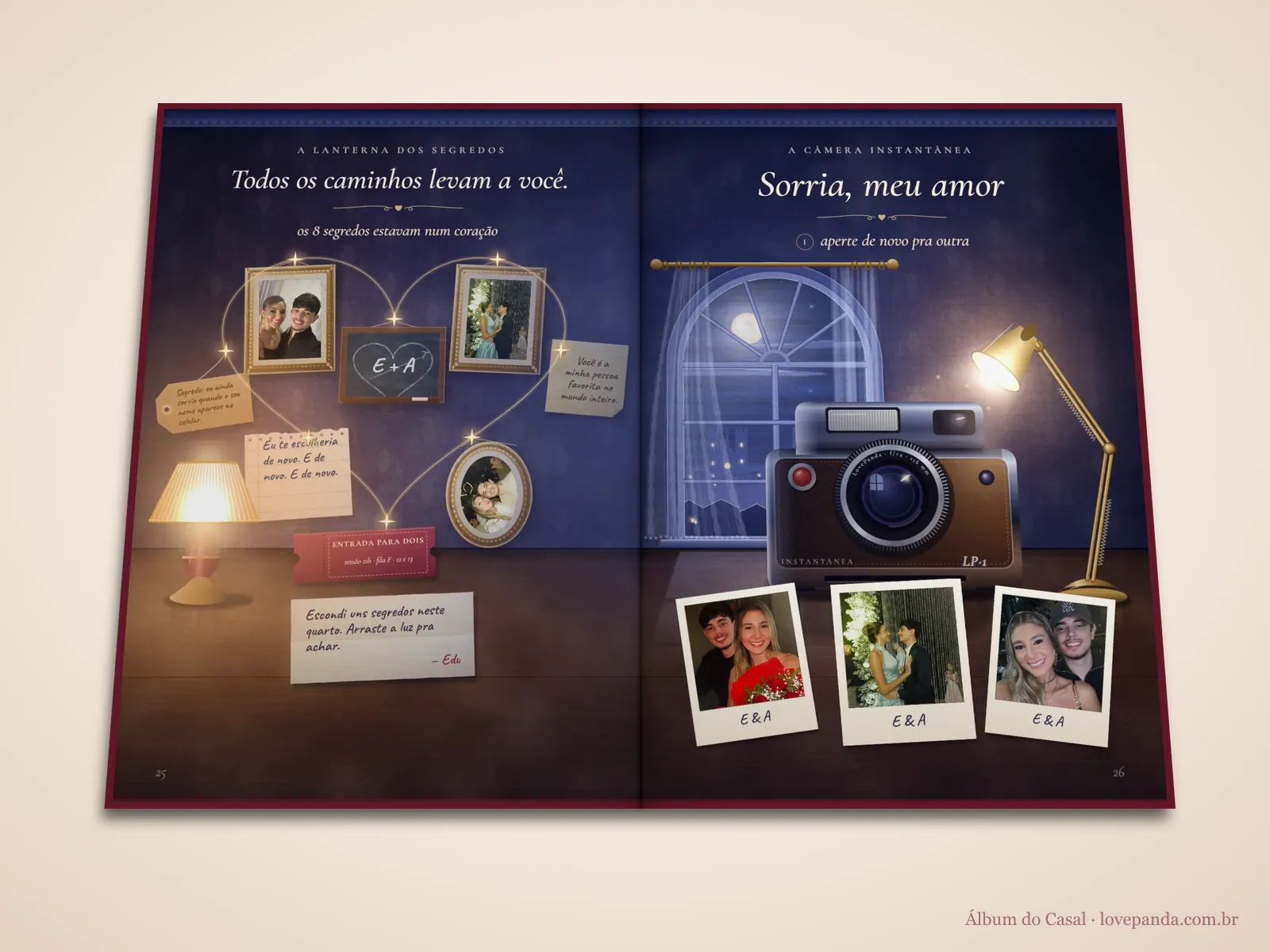 Álbum de fotos do casal aberto em 3D no quarto escuro com a lanterna revelando as fotos e na câmera instantânea