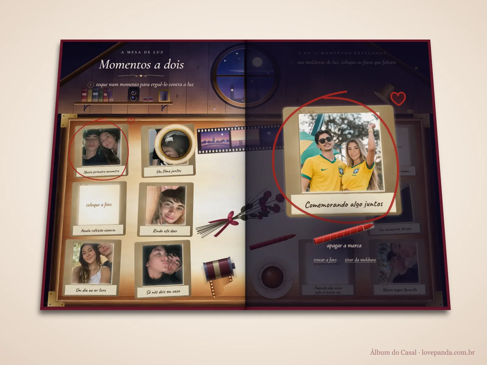 Álbum do Casal aberto em 3D na mesa de luz com slides dos momentos a dois do casal