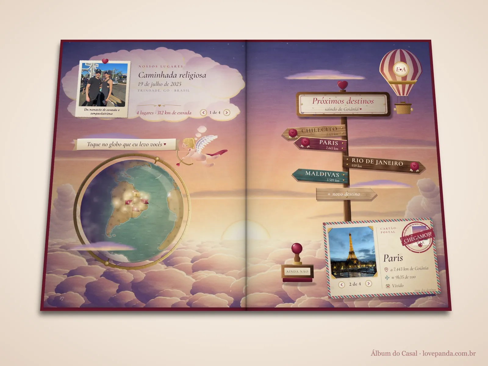 Álbum de viagem do casal aberto em 3D no globo com os lugares do casal e na placa dos próximos destinos