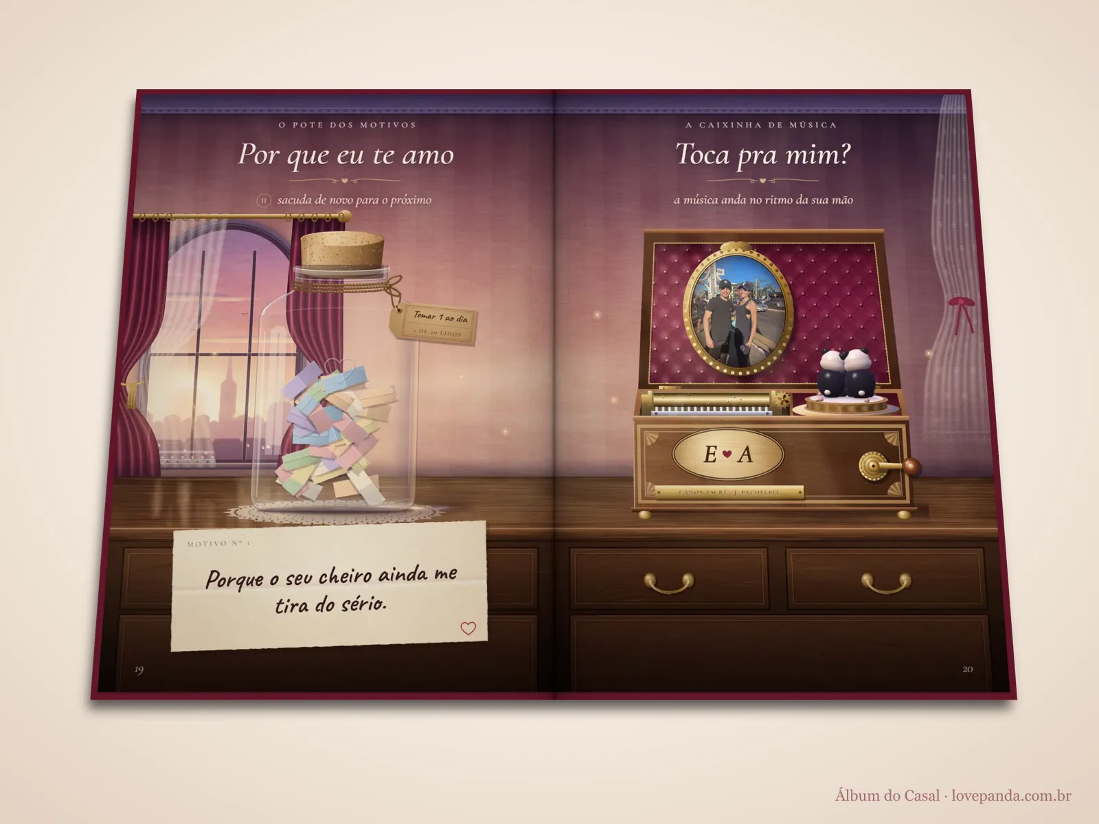 Scrapbook digital do casal aberto em 3D no pote de motivos com bilhetes e na caixinha de música