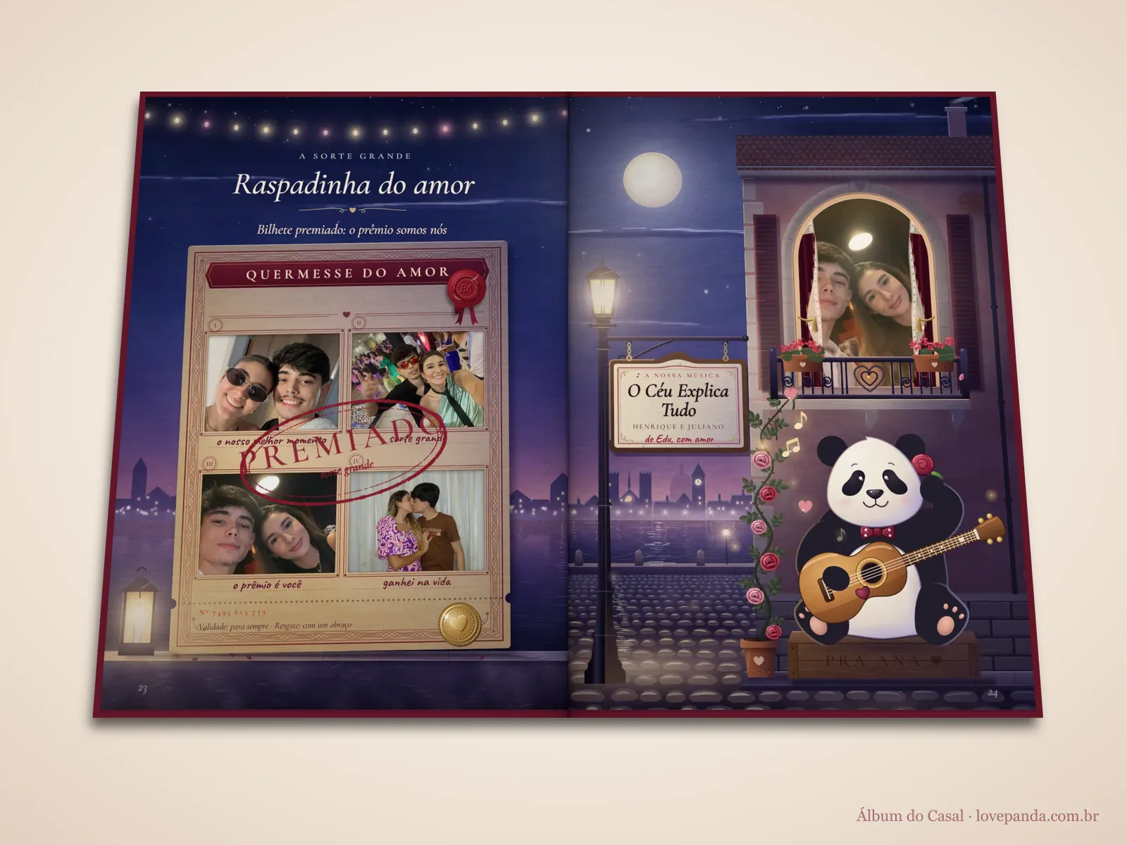 Álbum do pedido de casamento aberto em 3D na raspadinha premiada e na serenata com o Panda tocando violão