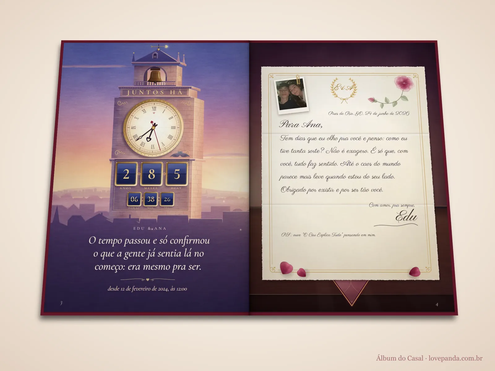 Álbum do pedido de casamento aberto em 3D na torre do relógio e na carta com o pedido saindo do envelope